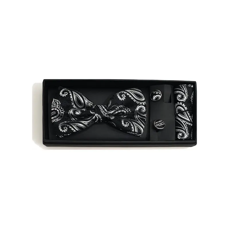 Set Papillon in Raso Seta Nero Fantasia Cashmere Argento con Pochette e Gemelli modello Vogue