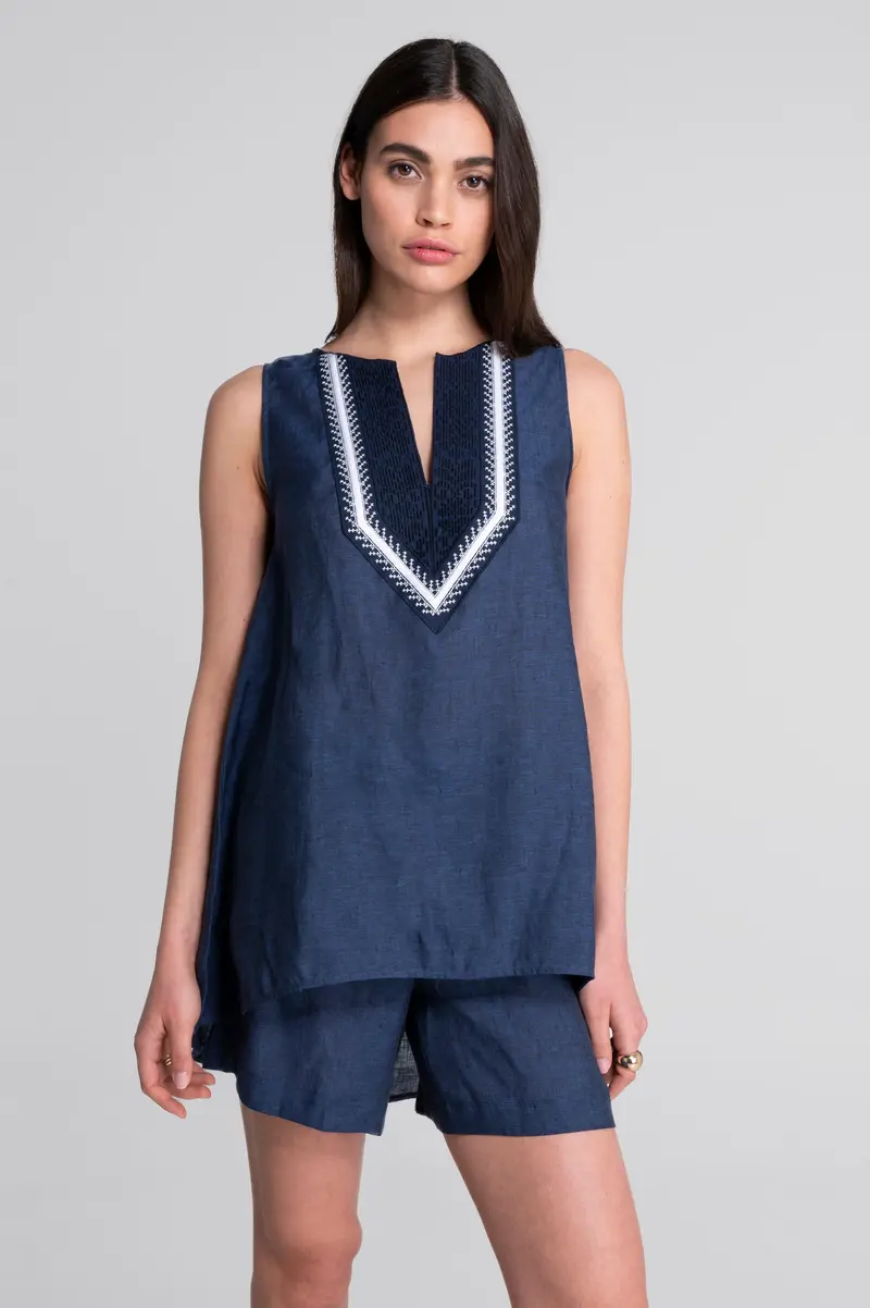 Sleeveless linen blouse with ethnic embroidery 7530