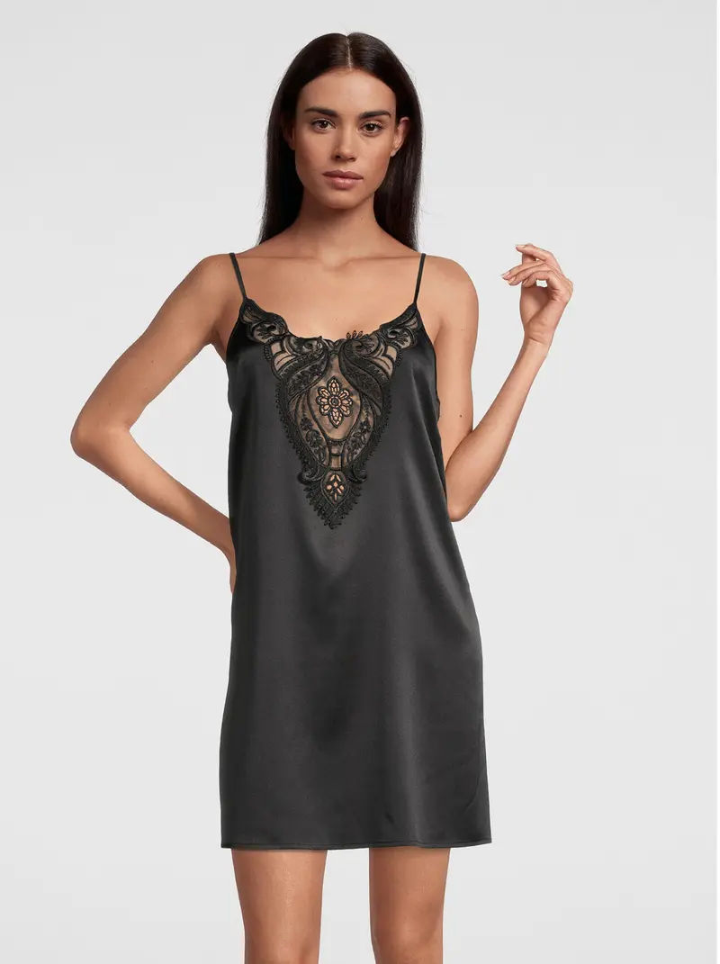 Slip dress stretch silk satin with macramè 10340