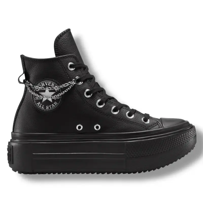 SNEAKERS DONNA ALTE CONVERSE LIFT DOUBLE STACK PLATFORM CHAINS PELLE NERA A15165C