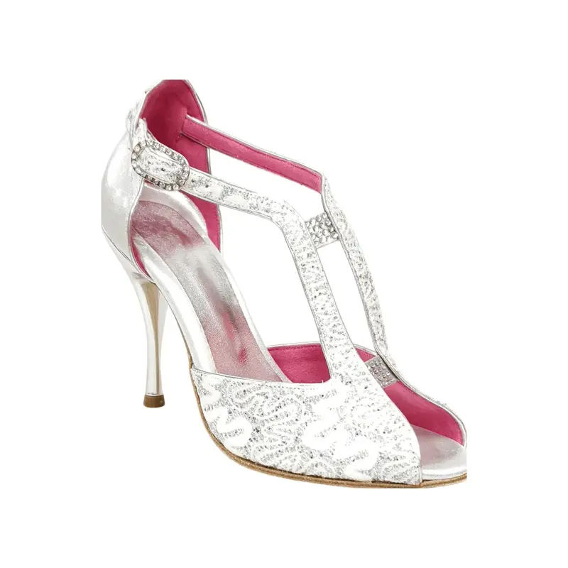 Sophie (401) - Scarpa da Ballo Salsa Donna in Pizzo Bianco misto a Glitter Argento Tallone in Lurex Argento Tacco a Spillo Laminato Argento