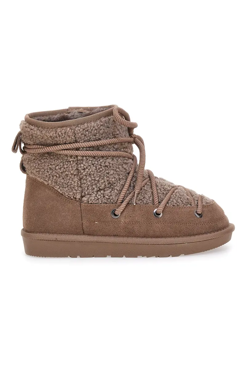 Stivaletti Doposci marroni con pelo e inserti in tessuto teddy e lacci Mon Dieu L1215