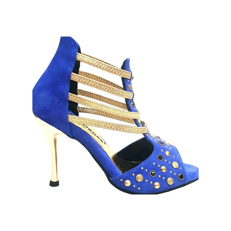 Swann Elizabeth Pirata (460PW) - Sandalo da Ballo Salsa Donna in Camoscio Blu Royal con Borchie Oro e Swarovski Neri Incastonati elastici Oro tacco a spillo laminato oro