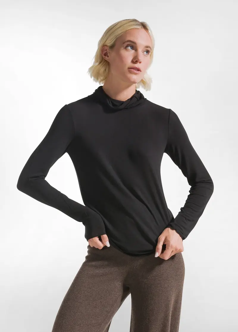 T-SHIRT A COLLO ALTO E MANICA LUNGA IN MISTO CASHMERE NERO