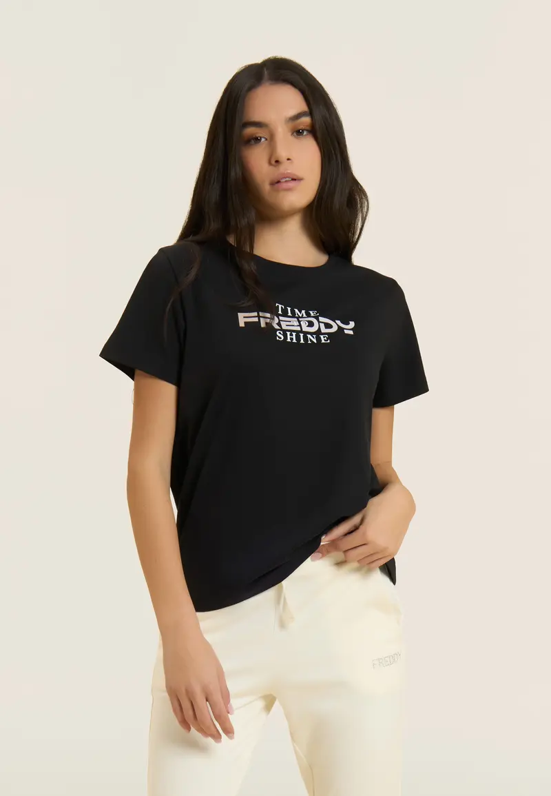 T-shirt Comfort Fit con Logo FREDDY e Slogan "Time Shine"