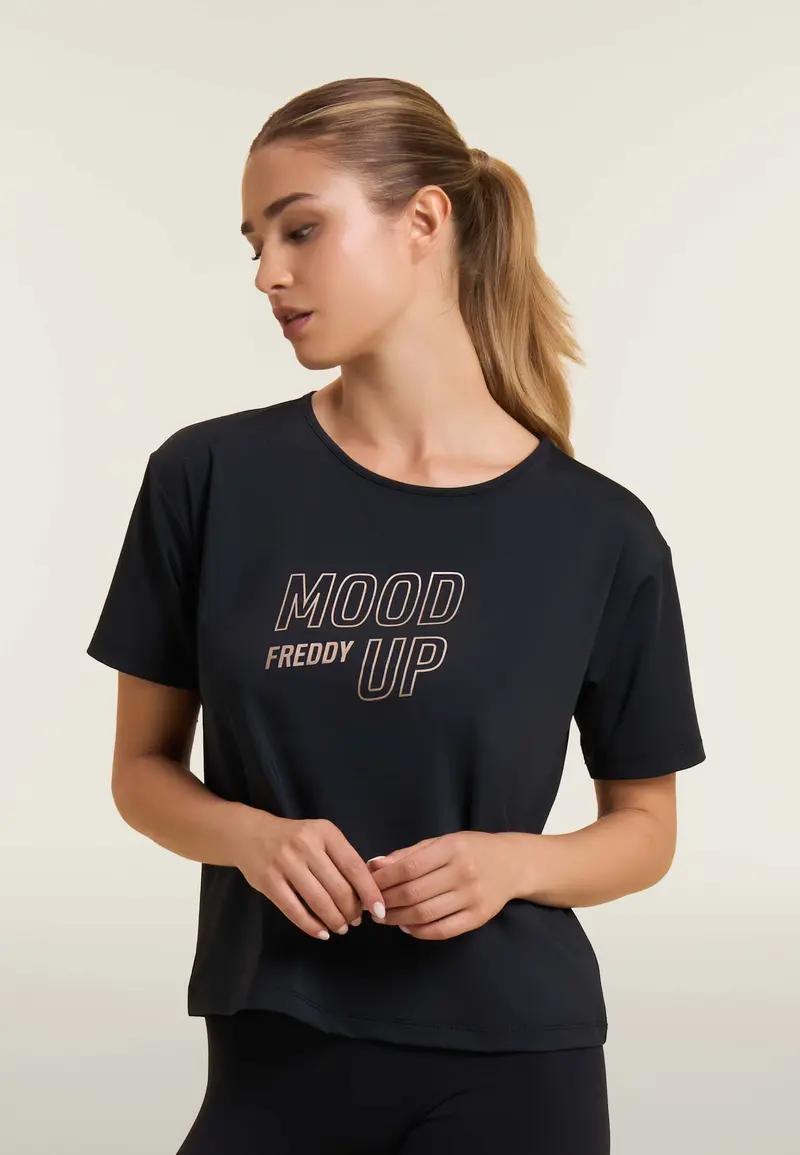 T-shirt cropped con maniche ampie e stampa Mood Up