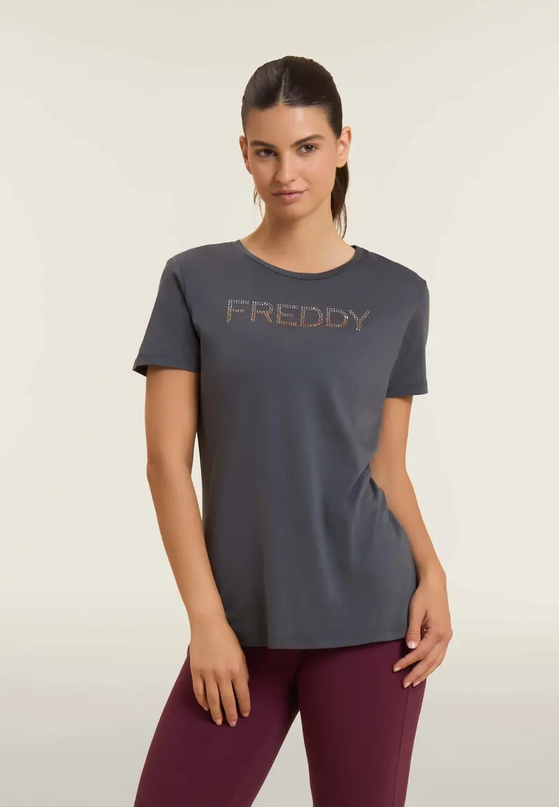 T-shirt donna con logo in strass bicolori