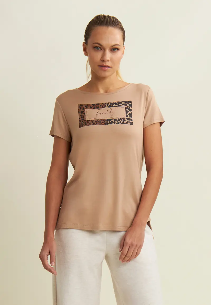T-shirt donna stampa animalier e strass