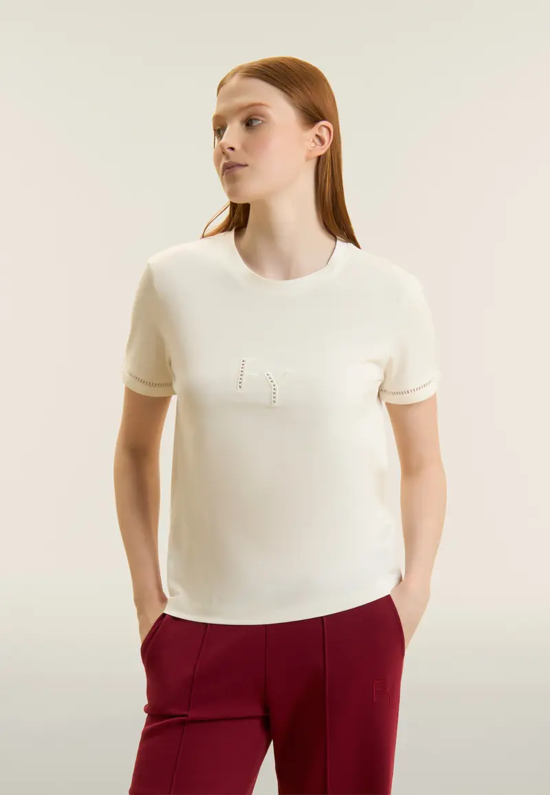 T-shirt Girocollo con Ricamo Traforato del Logo