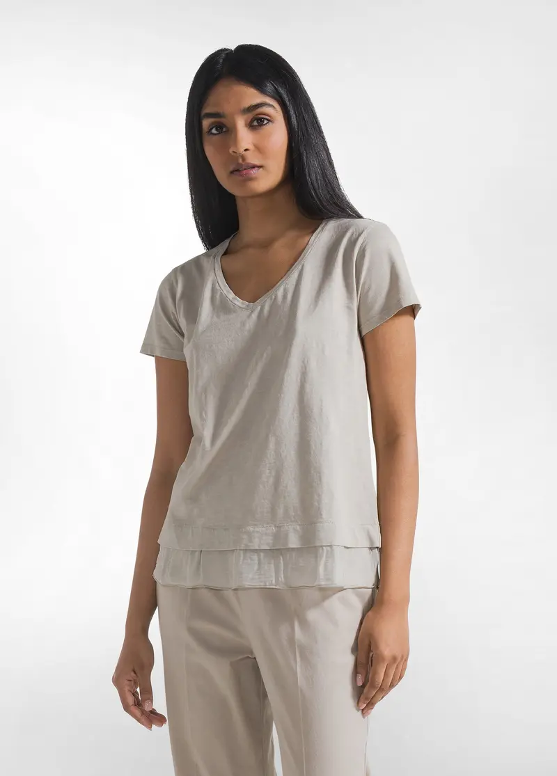T-SHIRT IN COTONE CON DETTAGLI IN SETA BEIGE