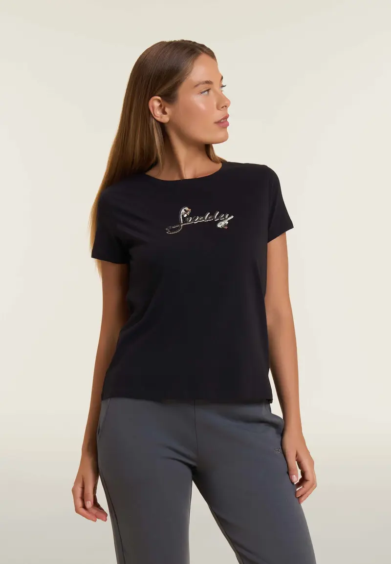 T-shirt in cotone Supima con logo in paillettes bicolore