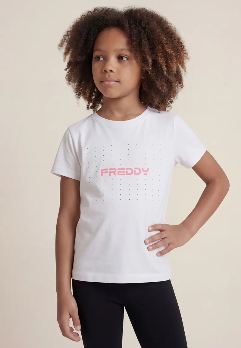 T-shirt in jersey con logo e strass da bambina e ragazza