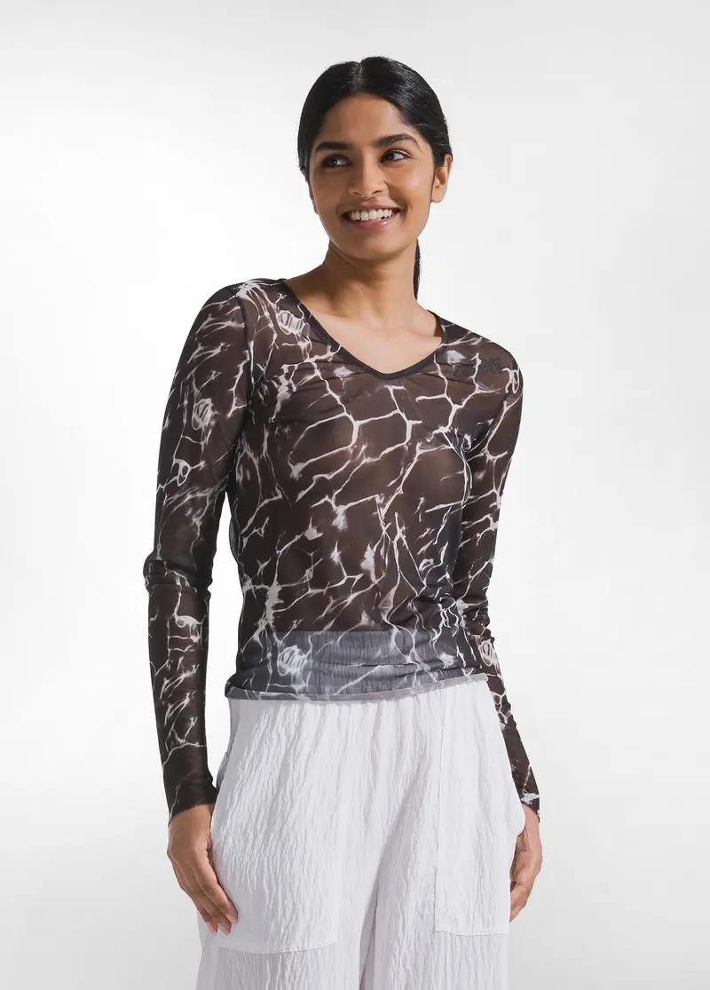 T-SHIRT IN TULLE CON STAMPA ALLOVER NERO