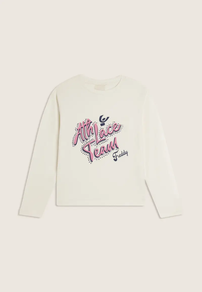 T-shirt Junior manica lunga con grafica in corsivo e strass