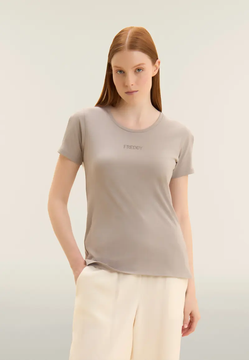 T-shirt manica corta con dettaglio cut out e strass