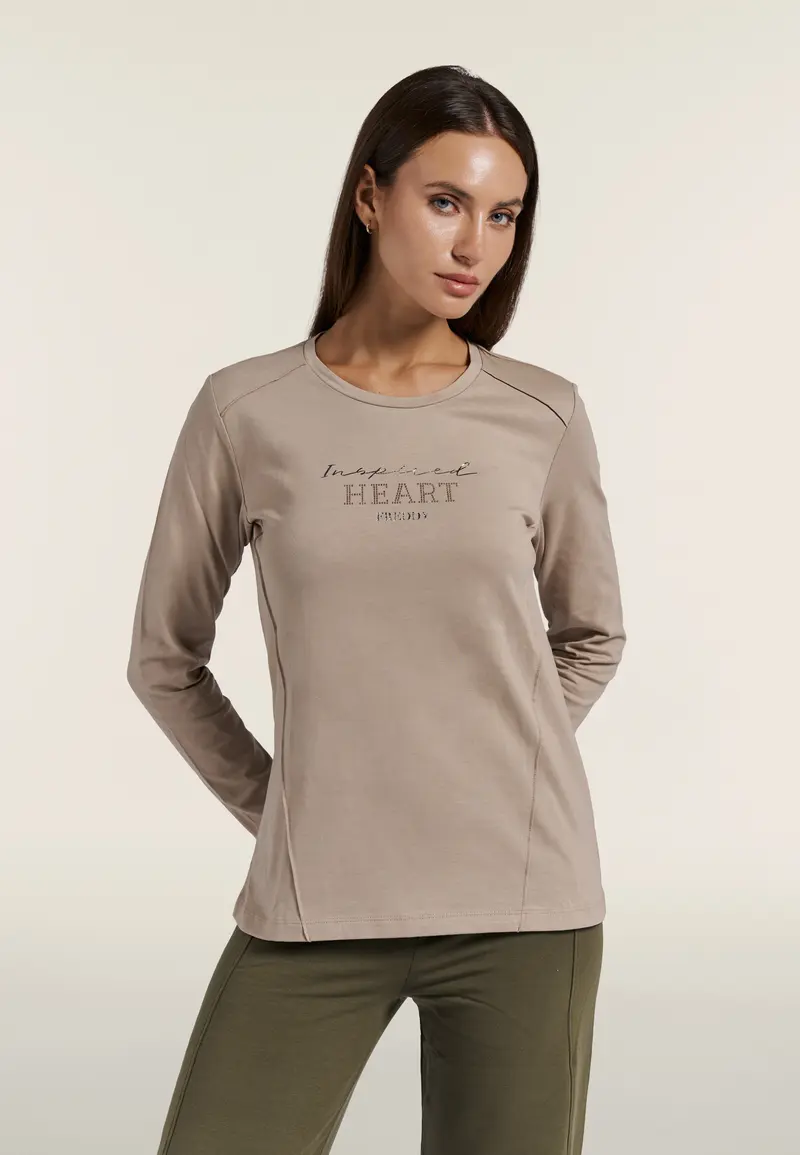 T-shirt manica lunga donna con grafica oro e strass