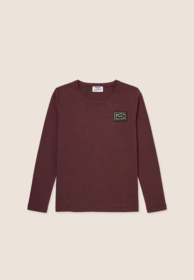 T-shirt manica lunga in cotone e modal con patch e strass