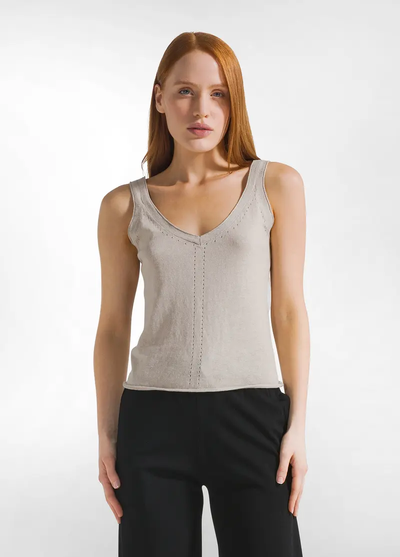 TOP IN MAGLIA LINO E COTONE CON SPALLINE BEIGE
