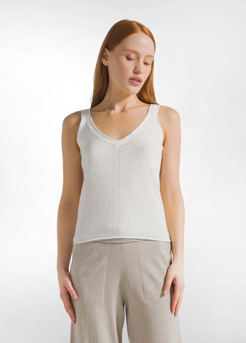 TOP IN MAGLIA LINO E COTONE CON SPALLINE BIANCO
