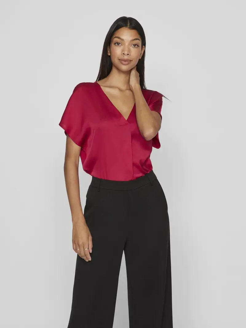 VILA T-SHIRT ELLETE V-NECK SHORT SLEEVES SATIN DONNA 14089239 CRS