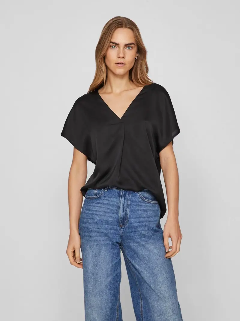 VILA T-SHIRT ELLETTE V-NECK SHORT SLEEVE SATIN DONNA 14089239 BLK
