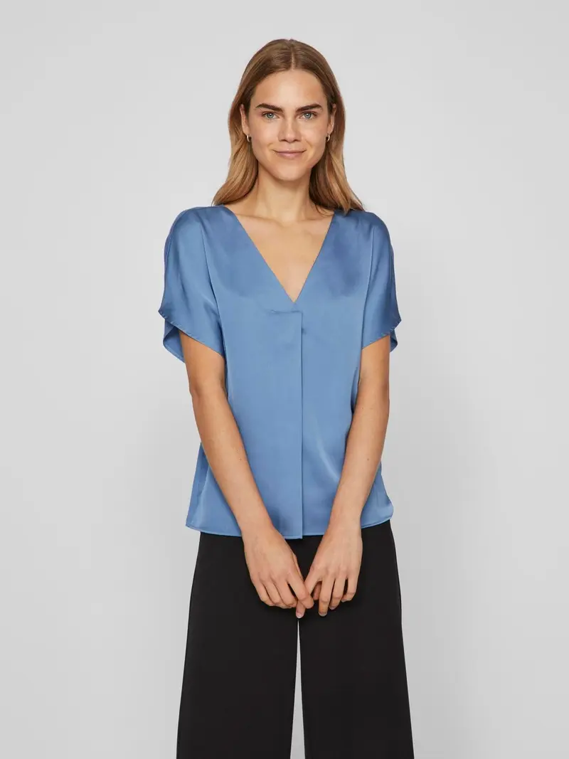 VILA T-SHIRT ELLETTE V-NECK SHORT SLEEVE SATIN DONNA 14089239 CRB