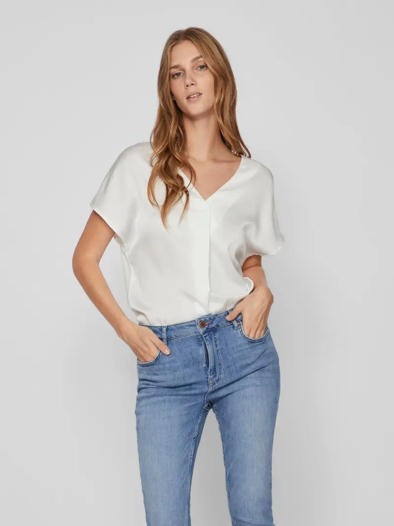 VILA T-SHIRT ELLETTE V-NECK SHORT SLEEVE SATIN DONNA 14089239 SNW