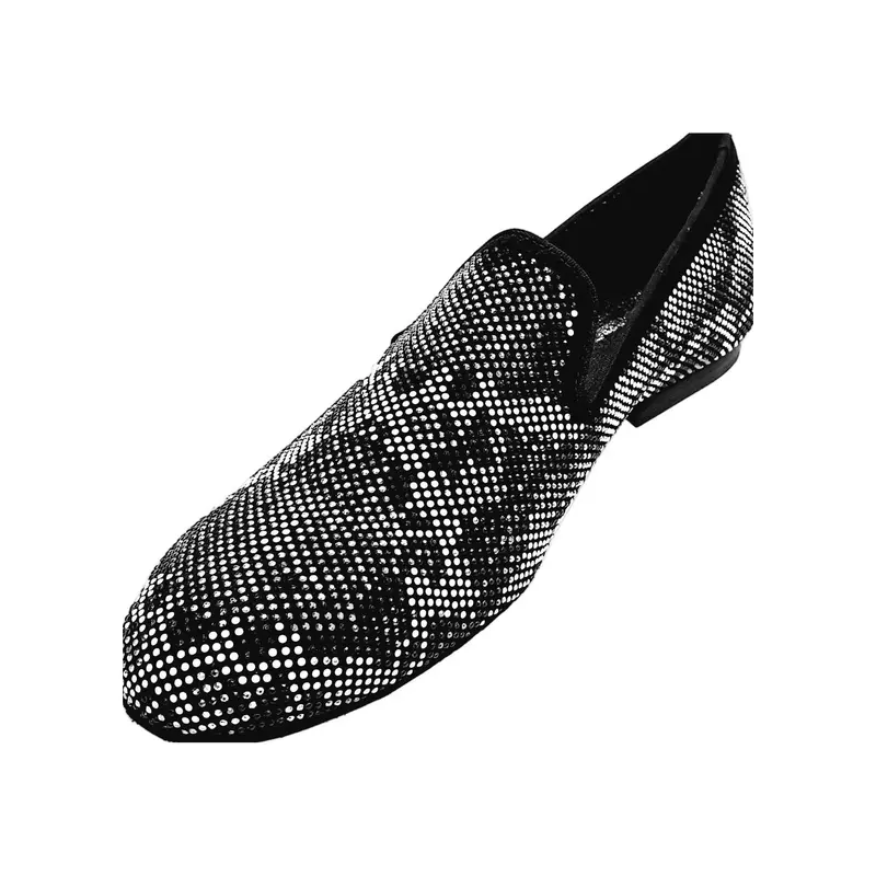 Viper Black (800PJ) - Mocassino da Ballo Salsa Uomo in Camoscio Nero con Swarovski Bianchi e Neri Suola in Mini Microlight