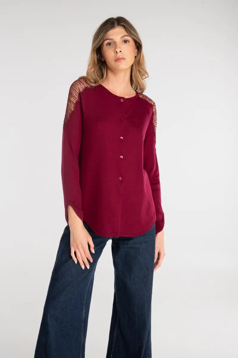 Wool and silk long sleeves cardigan with chantilly lace 7418