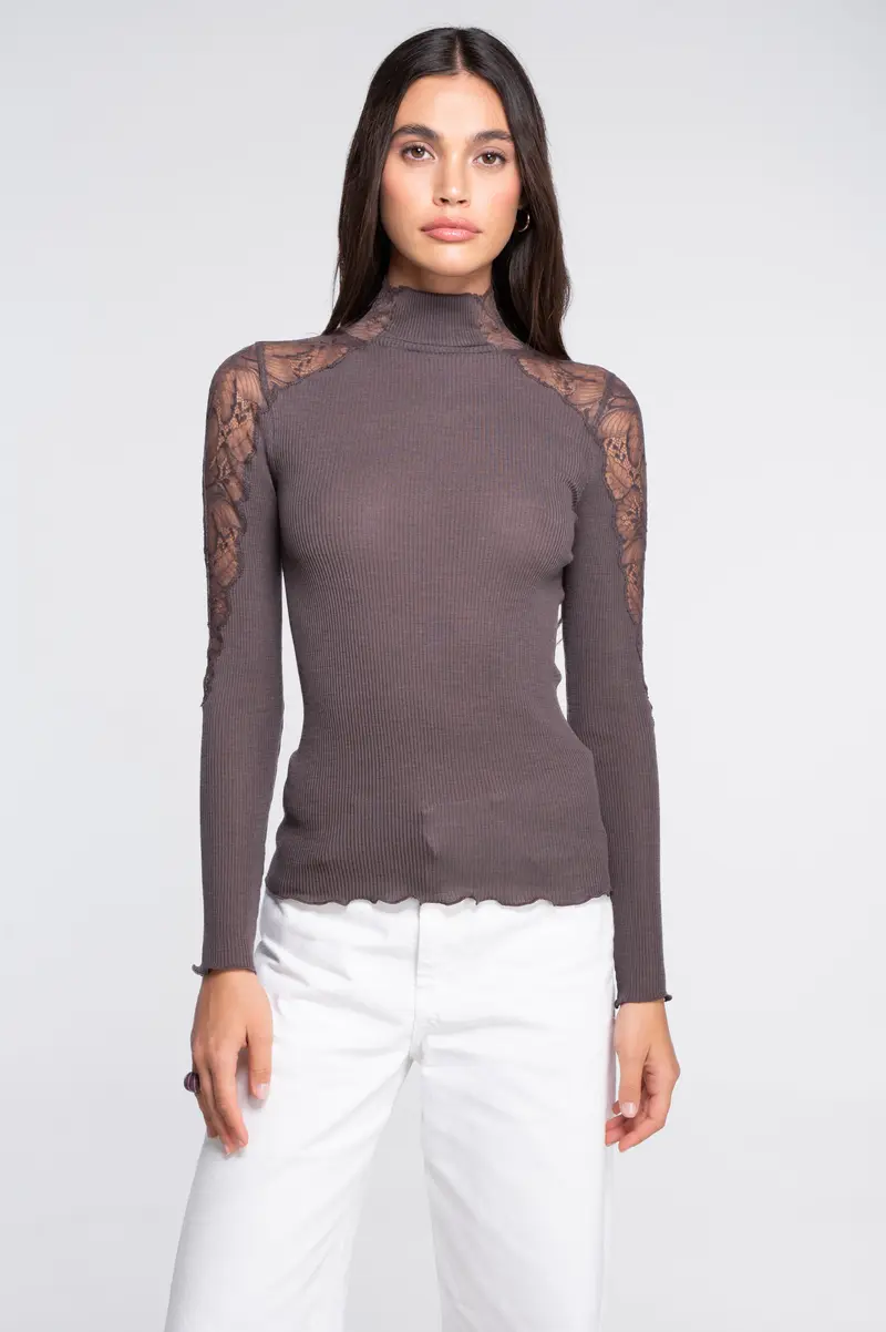 Wool and silk long sleeves mock neck shirt with Leavers lace insert 7613