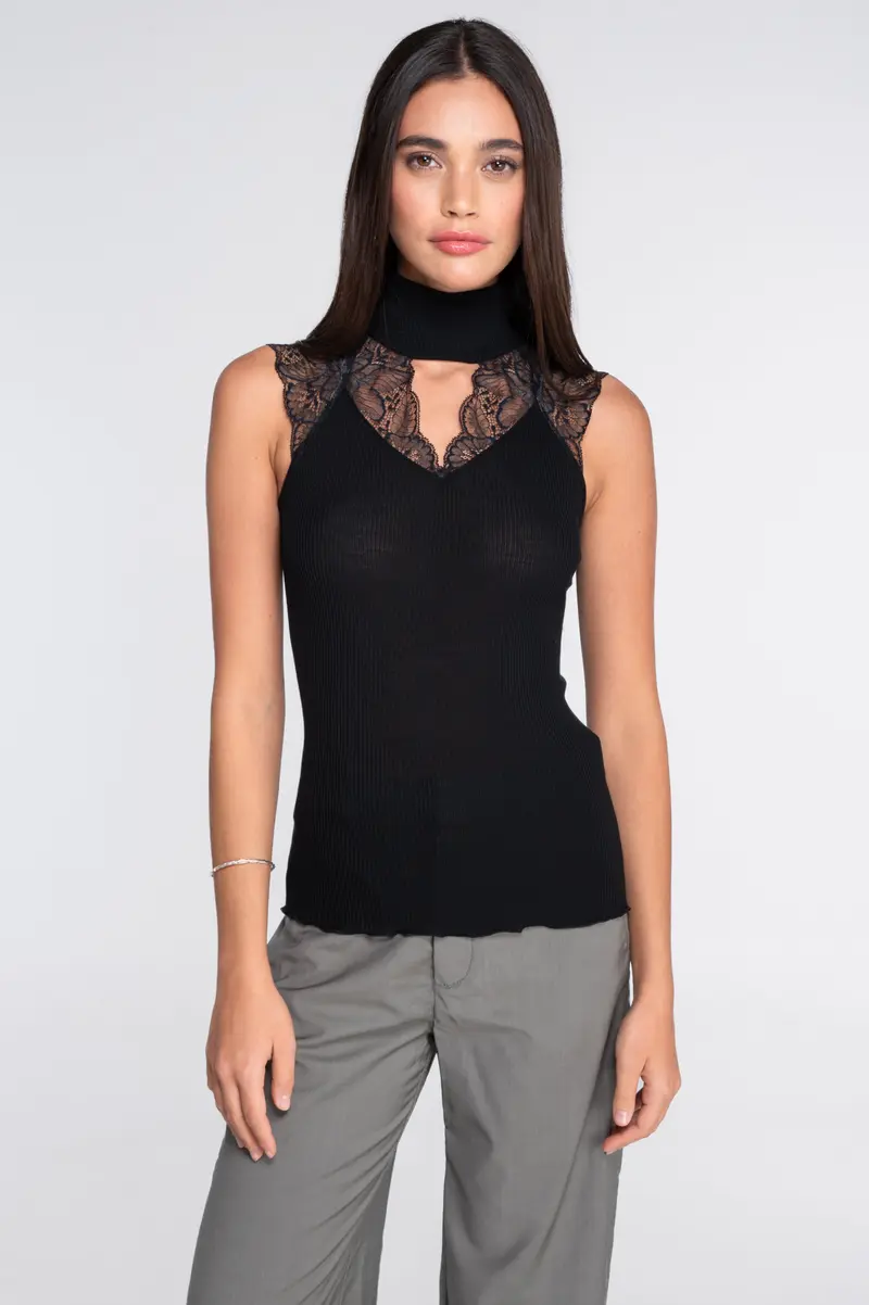 Wool and silk sleeveless mock neck top with Leavers lace 7611