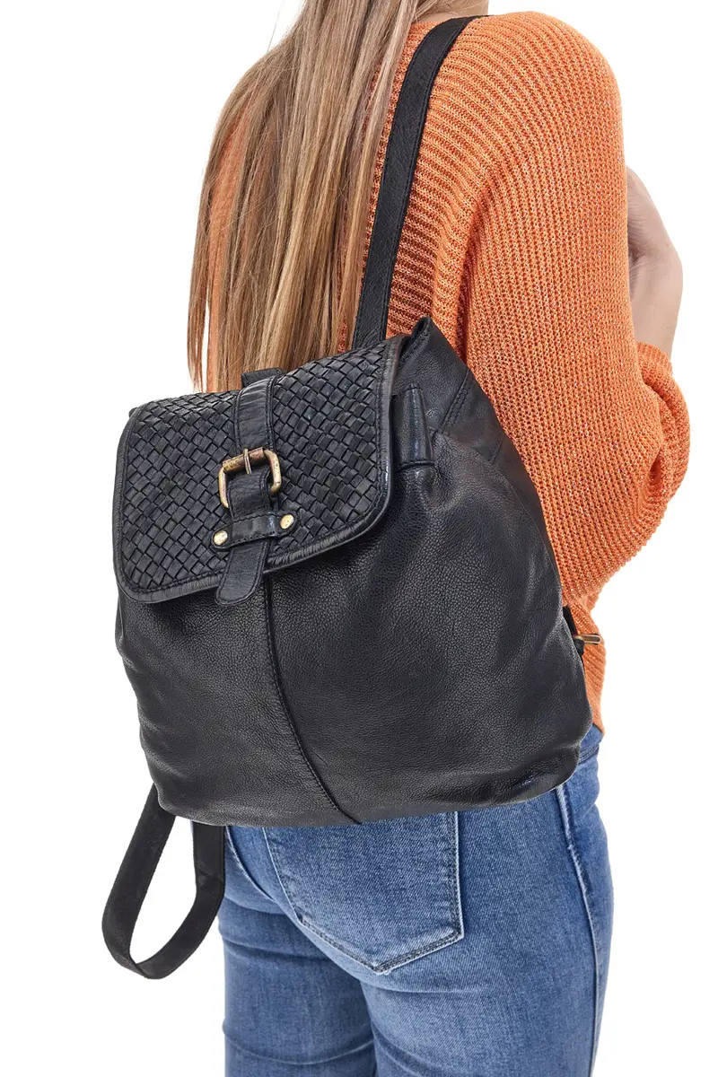Zaino Nero in Vera Pelle con Trama Intrecciata ROUTE 66 61793/OLDR